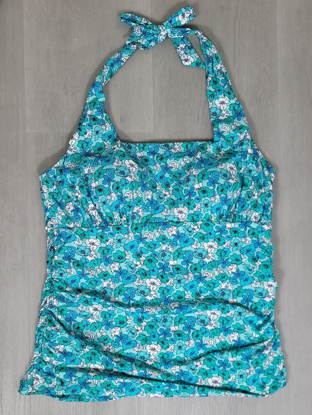 Lands End Tankini Swim Top Size 14 Blue Floral Halter Padded Cups Vacation
